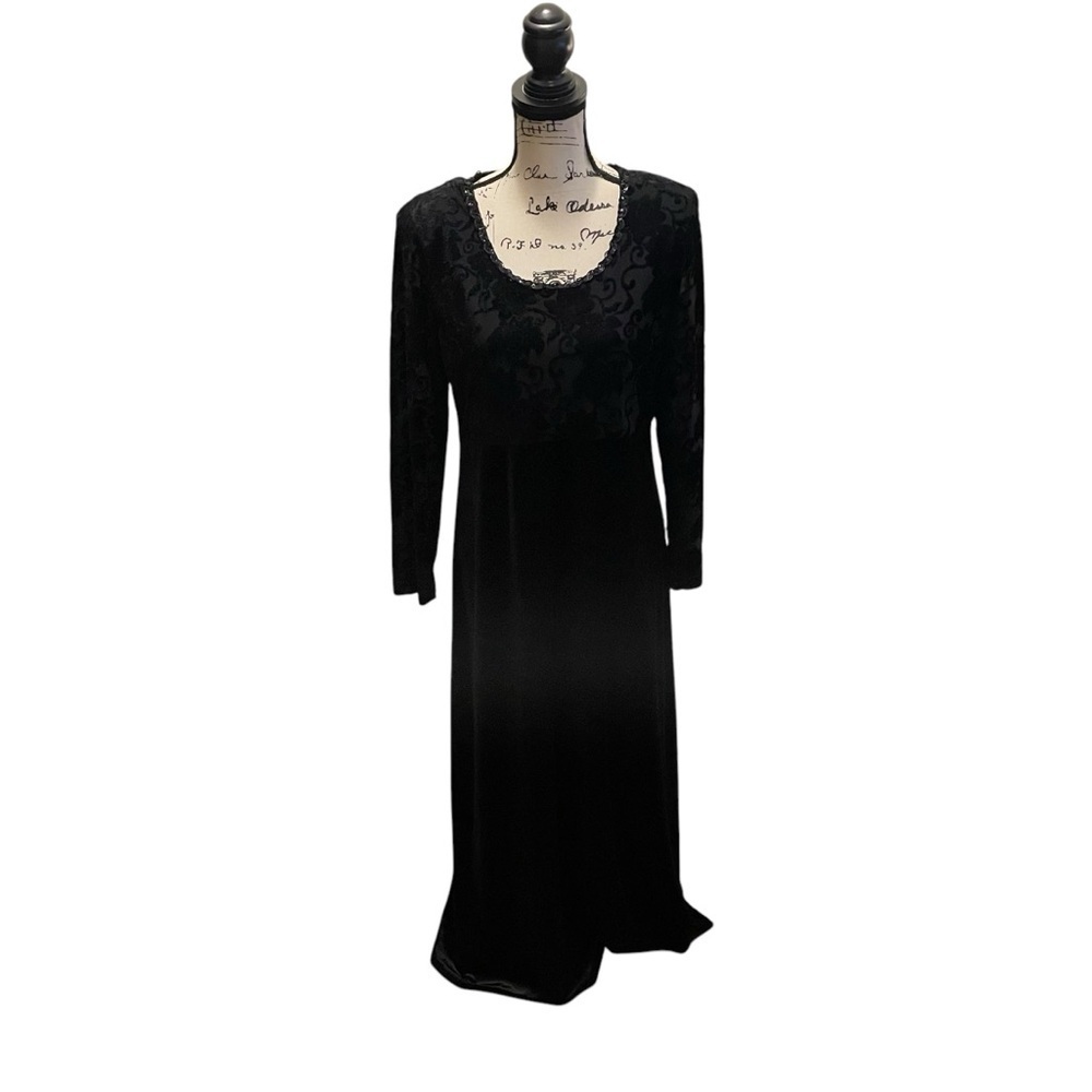 Vintage Molly Malloy Velvet Dress Gown Black Size 12 Burnout Formal beaded USA